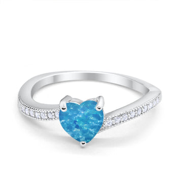 Heart Promise Ring Lab Created Blue Opal 925 Sterling Silver